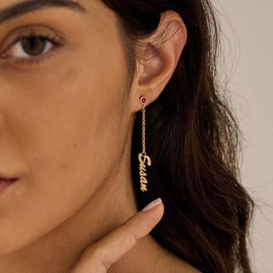 Personalized Name Drop Earrings With Birthstone