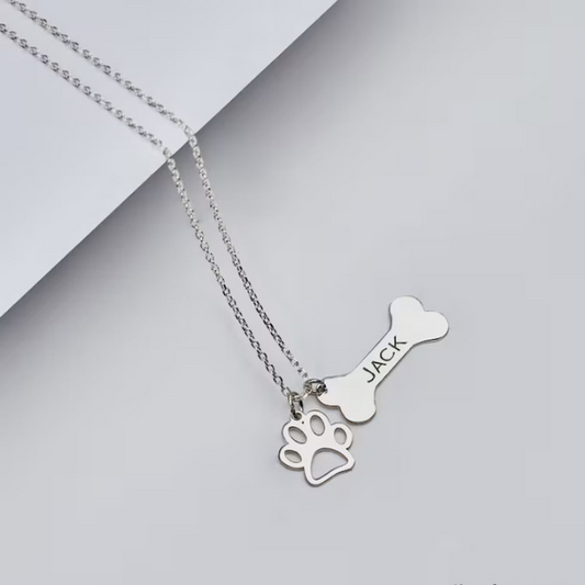 Personalized Dog Name With Paw Bone Necklace
