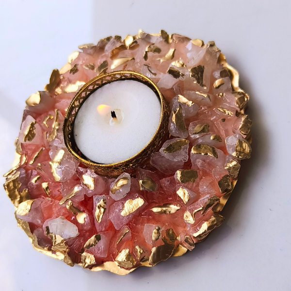 Resin Circular Tealight Holder With Stones For Diwali