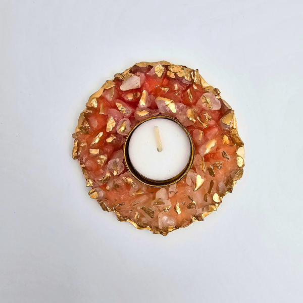 Resin Circular Tealight Holder With Stones For Diwali