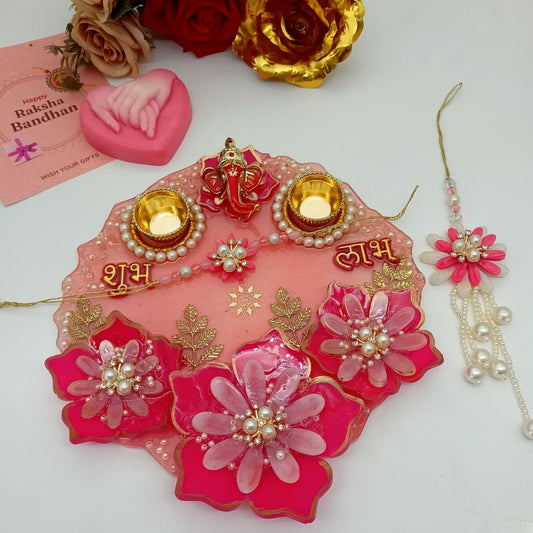 Resin Pooja Thali With Bhaiya And Bhabhi Rakhi Combo