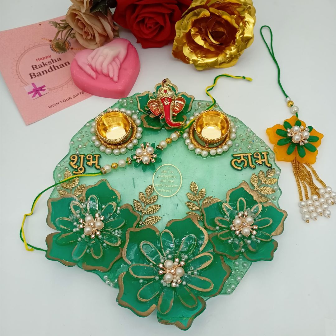 Resin Pooja Thali With Bhaiya And Bhabhi Rakhi Combo