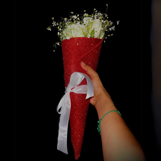 Artificial White Flowers Wrap In Red Glitter Sheet