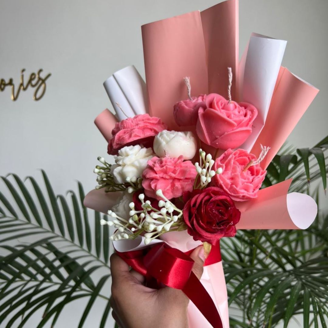 White Pink Theme Based Candle Bouquet