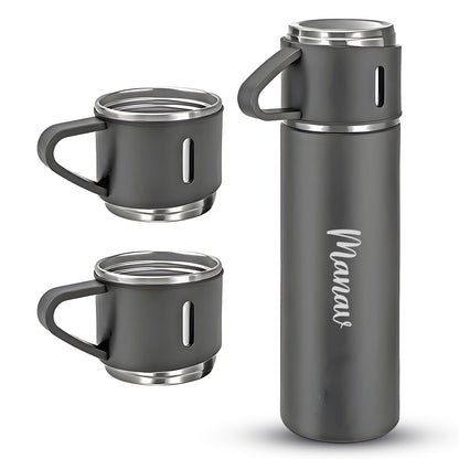 Customized/Personalized Stainless Steel Water Bottle Vacuum Flask Set With 3 Steel Cups Combo | Best Corporate Gift | 500ML