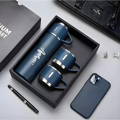 Customized/Personalized Stainless Steel Water Bottle Vacuum Flask Set With 3 Steel Cups Combo | Best Corporate Gift | 500ML